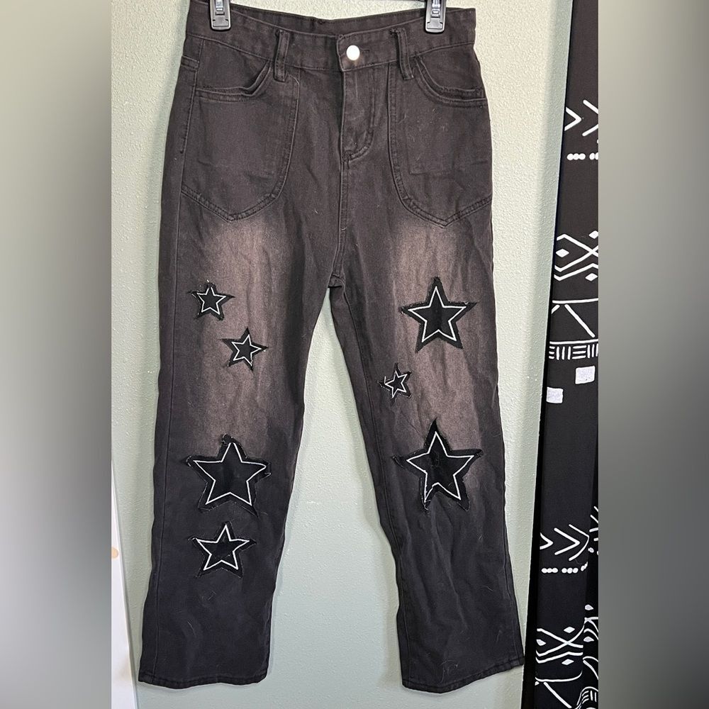 Embroidered Black Denim Star Embellished Jeans Size 30